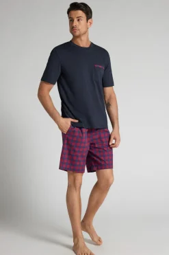 Red and Blue Check Print Cloth and Cotton Short Pajamas