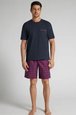 Red and Blue Check Print Cloth and Cotton Short Pajamas