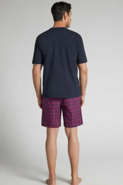 Red and Blue Check Print Cloth and Cotton Short Pajamas