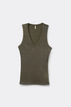 Ribbed Cotton Lamé V-Neck Tank Top