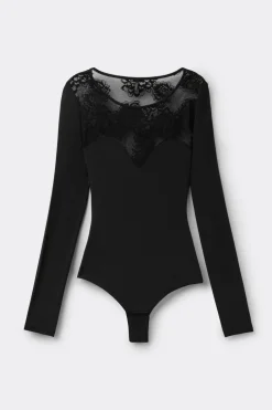 Sensual Texture Fresh Bamboo and Lace Long Sleeve Bodysuit