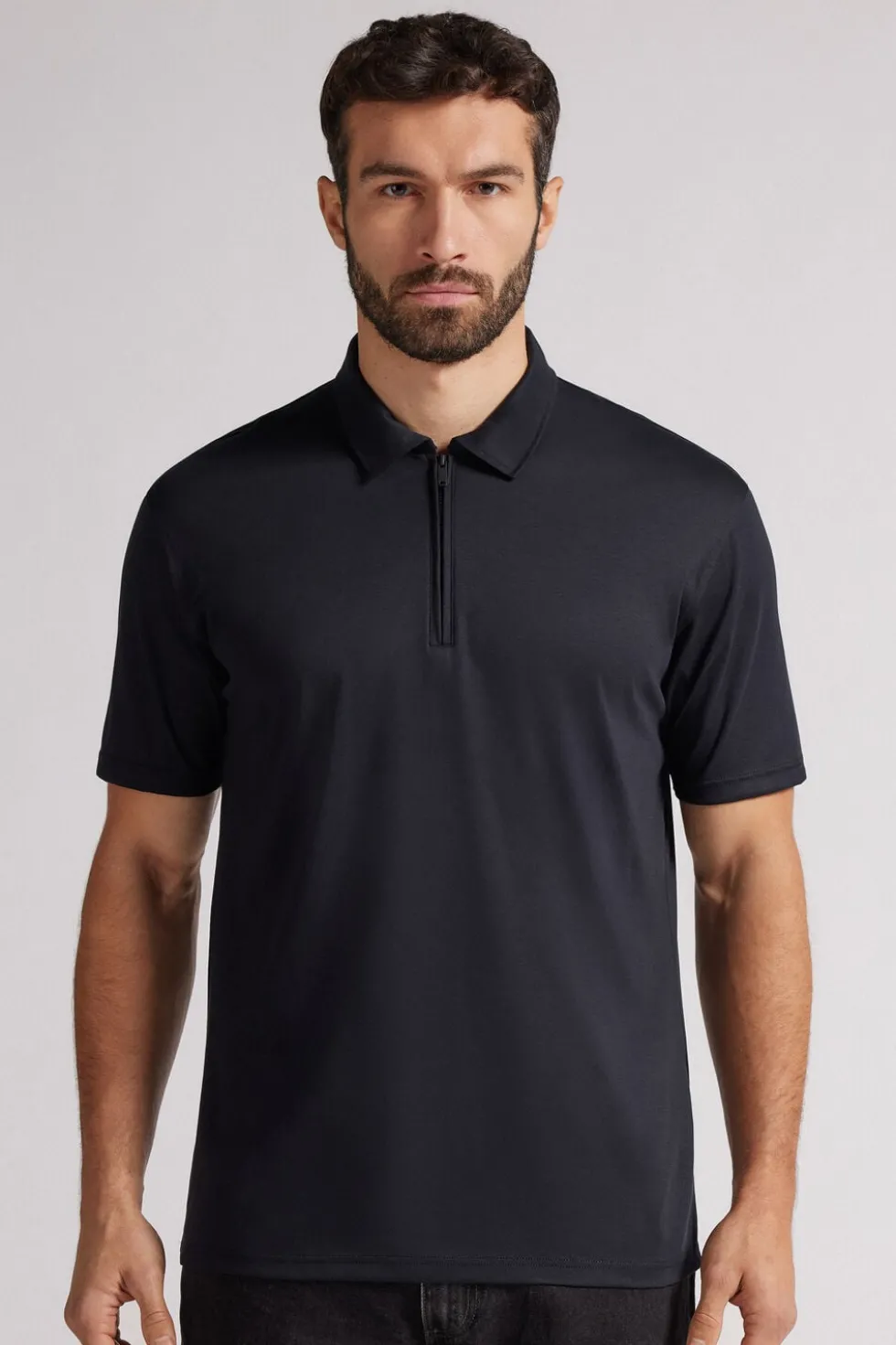Short-Sleeved Mercerized Cotton Polo Shirt with Zip filo Premium