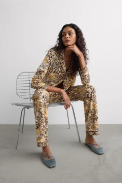 Simply Iconic Button Up Full Length Pajamas in Animal Print Modal