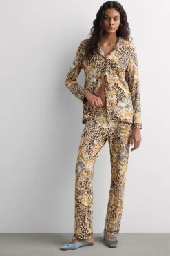 Simply Iconic Button Up Full Length Pajamas in Animal Print Modal