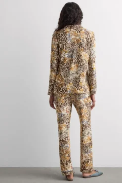 Simply Iconic Button Up Full Length Pajamas in Animal Print Modal