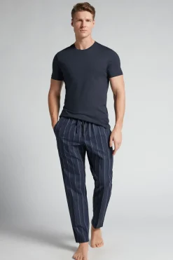 White Striped Blue Cotton Fabric Full Length Pants