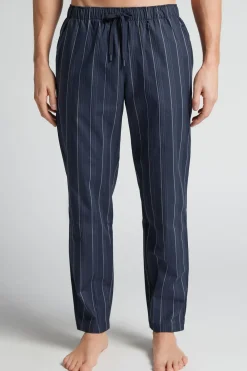 White Striped Blue Cotton Fabric Full Length Pants