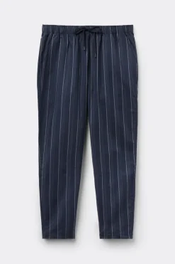 White Striped Blue Cotton Fabric Full Length Pants